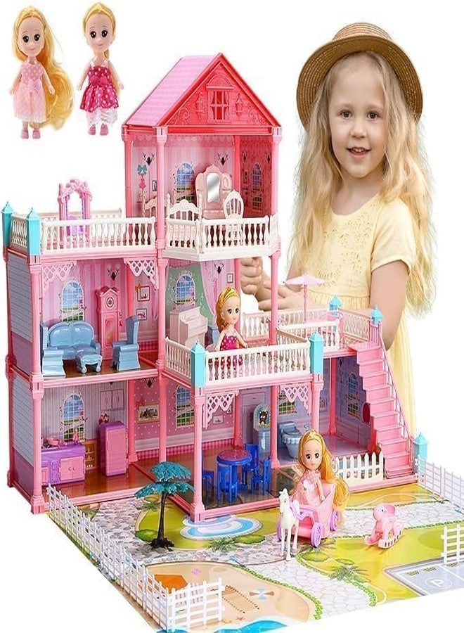 Daji 4 Story Dollhouse Building Toys, Playset with LED Lights, Movable Slides, Stairs, Furniture, Accessories, Dolls and Pets, Cottage Pretend Play House, DIY Creative Gift for Girls Toddlers - Image 1